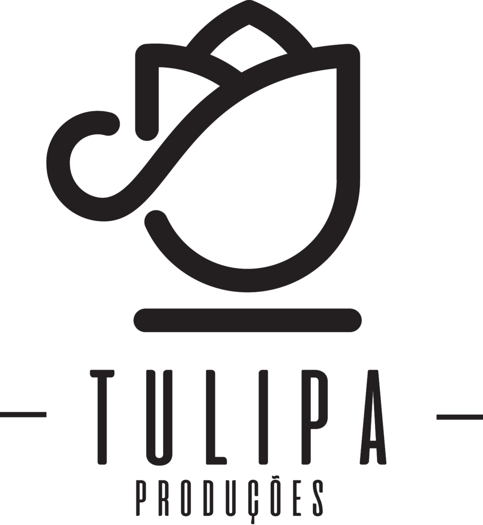 Logo preta em formato de tulipa com a escrita Tulipa Produções abaixo